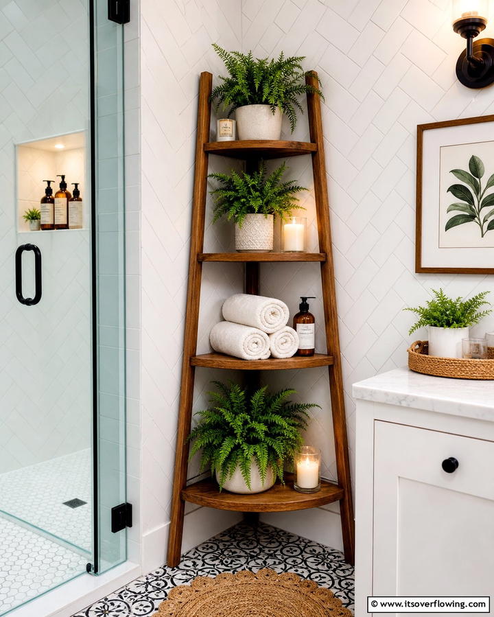 Corner Ladder Shelves - 25 Bathroom Shelf Ideas for Organized and Stylish Storage