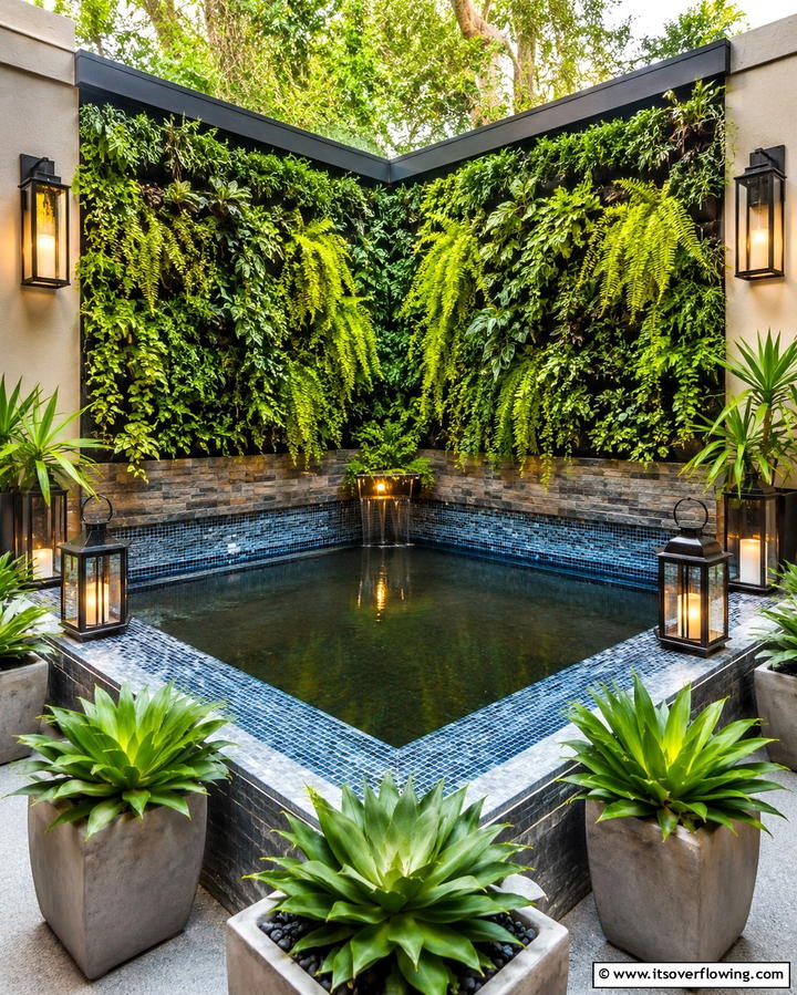 Corner Reflecting Pool with Vertical Garden - 20 Small Garden Reflecting Pool Ideas for Serenity