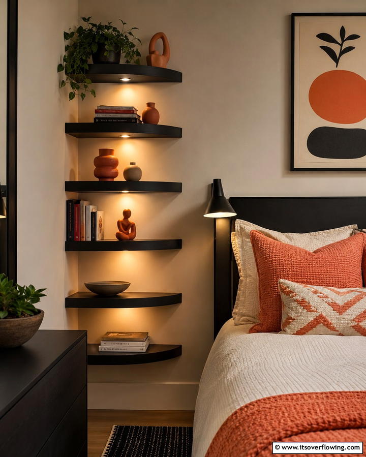 Corner Shelf Lighting for Dual Functionality - 25 Small Bedroom Lighting Ideas to Brighten Your Space