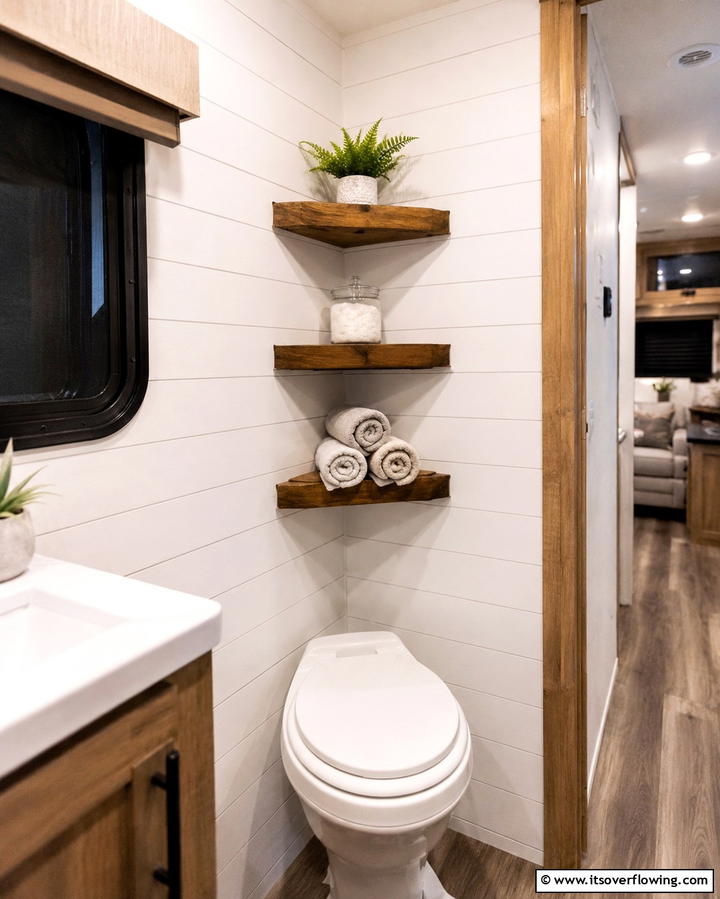 Corner Shelf Storage - 25 Small RV Bathroom Ideas for Compact Spaces