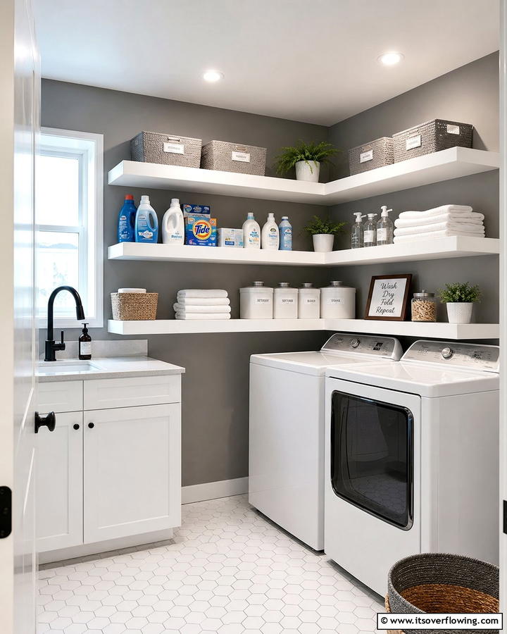 Corner Shelving Installations - 21 Laundry Room Storage Ideas for Clutter-Free Efficiency