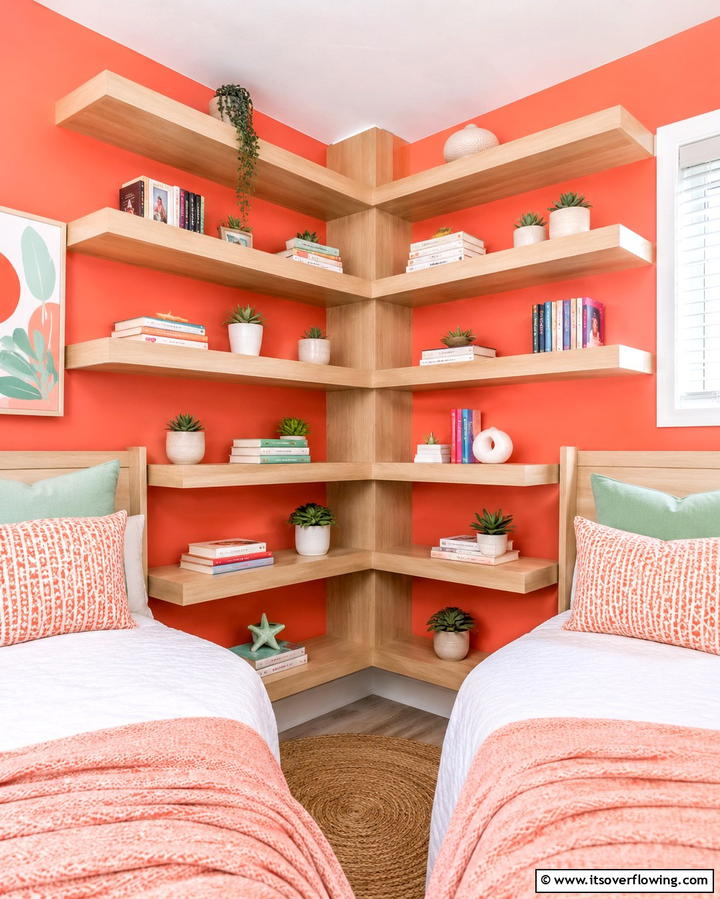Corner Shelving Units - 25 Shared Bedroom Ideas for Small Rooms to Maximize Space