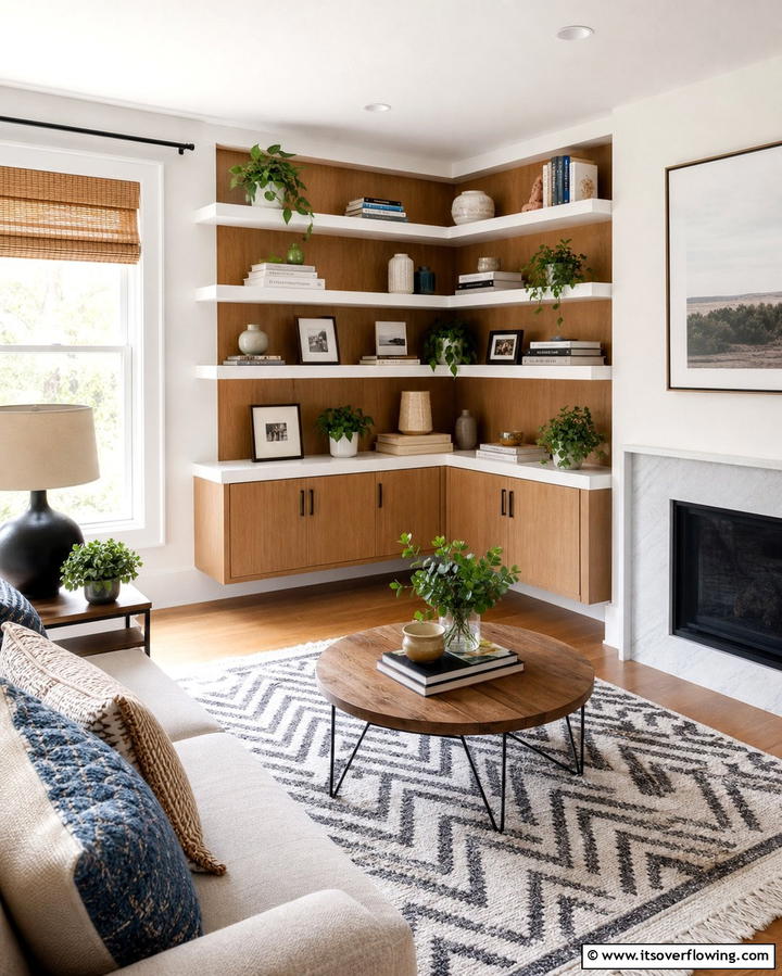 Corner Shelving Units - 30 Living Room Storage Ideas to Declutter Your Space