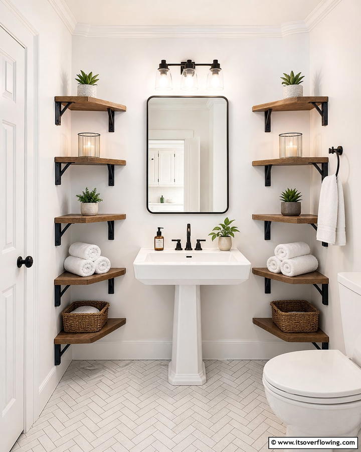 Corner Shelving Units - 20 Pedestal Sink Storage Ideas for Organized Bathrooms