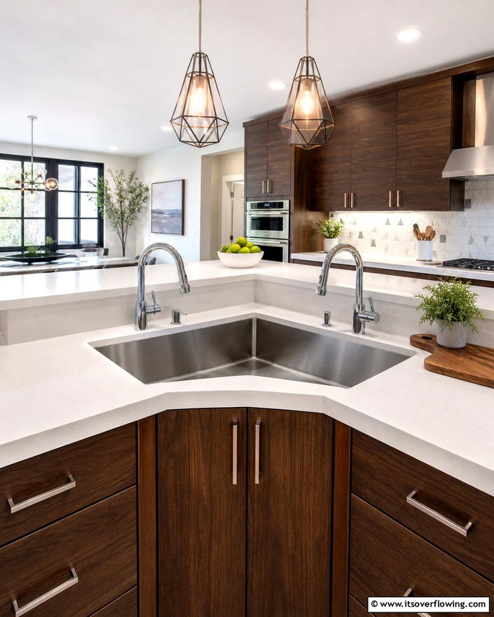 Corner Sink with Dual Faucets - 25 Clever Corner Kitchen Sink Ideas for Small Spaces