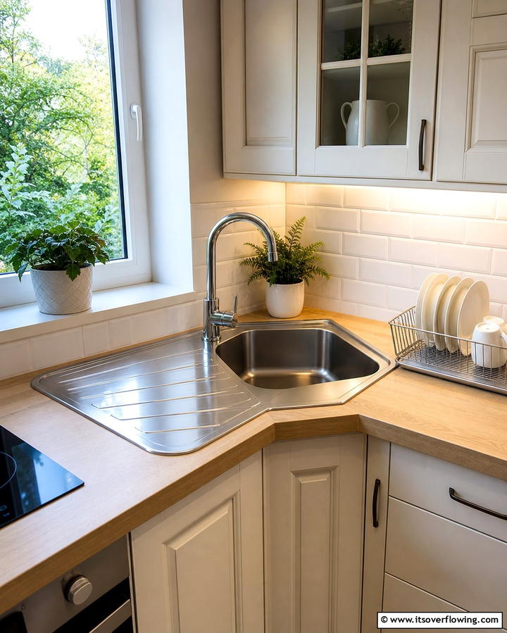 Corner Sink with Integrated Drainboard - 25 Clever Corner Kitchen Sink Ideas for Small Spaces