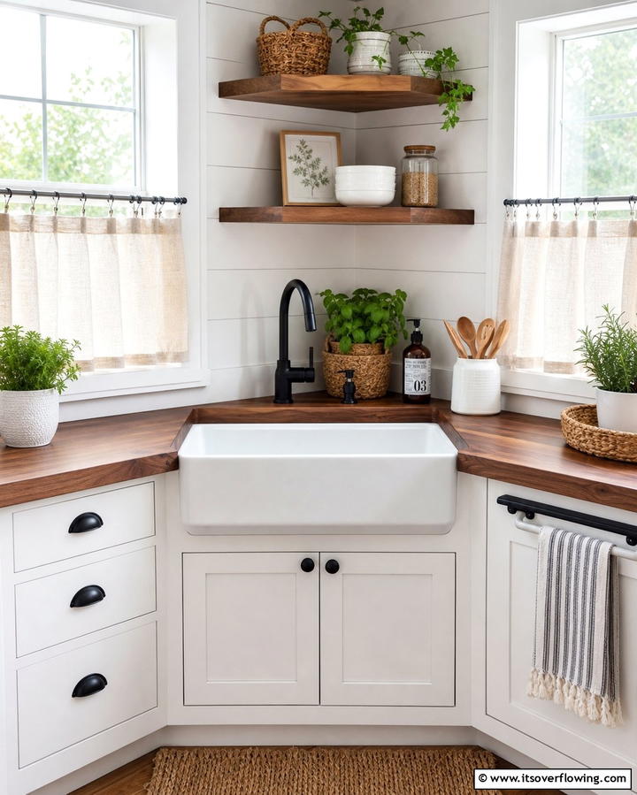 Corner Sink with Wooden Countertop - 25 Clever Corner Kitchen Sink Ideas for Small Spaces