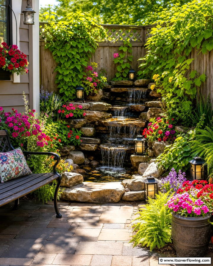 Corner Waterfall to Maximize Space - 25 Backyard Waterfall Ideas for a Tranquil Retreat