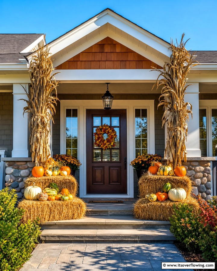 Cornstalks and Hay Bales - 25 Front Door Fall Decor Ideas for a Welcoming Entrance
