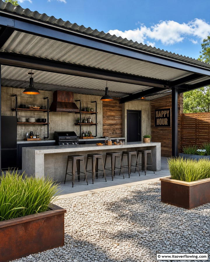 Corrugated Metal Roof for Industrial Appeal - 20 Outdoor Kitchen Roof Ideas for Year-Round Enjoyment