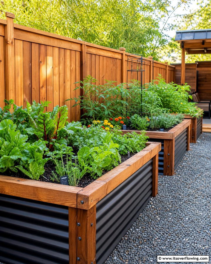 Corrugated Metal and Wood Combination - 20 Raised Garden Bed Along Fence Ideas for Your Yard