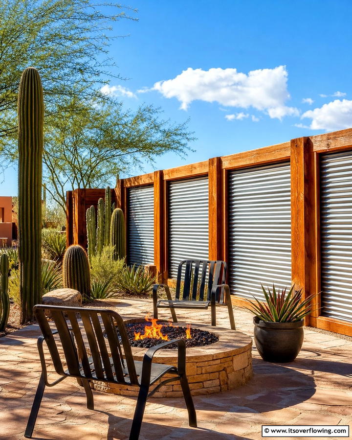 Corrugated Metal and Wood Panels - 25 Metal and Wood Fence Ideas for Durable Boundaries
