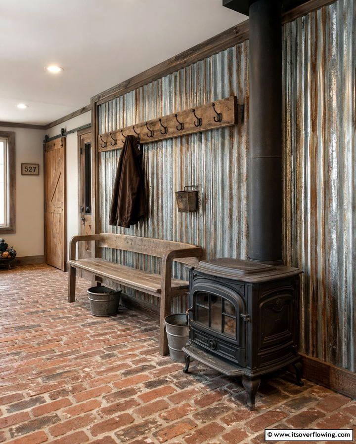 Corrugated Metal for Rustic Charm - 30 Cozy Wood Stove Surround Design Inspirations