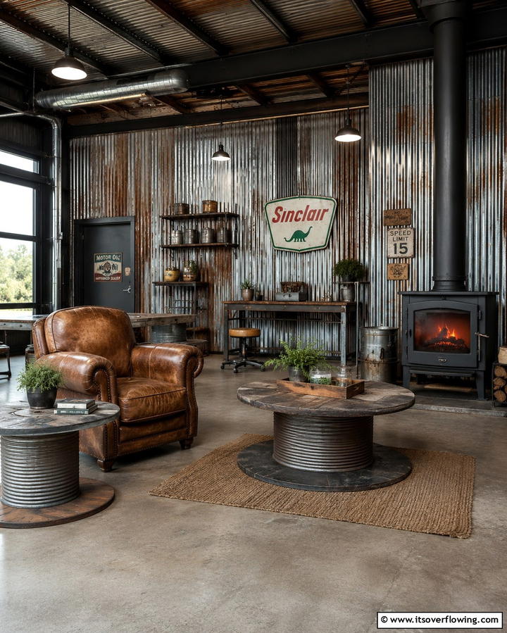 Corrugated Metal for a Rustic Industrial Vibe - 30 Cozy Wood Stove Surround Design Inspirations