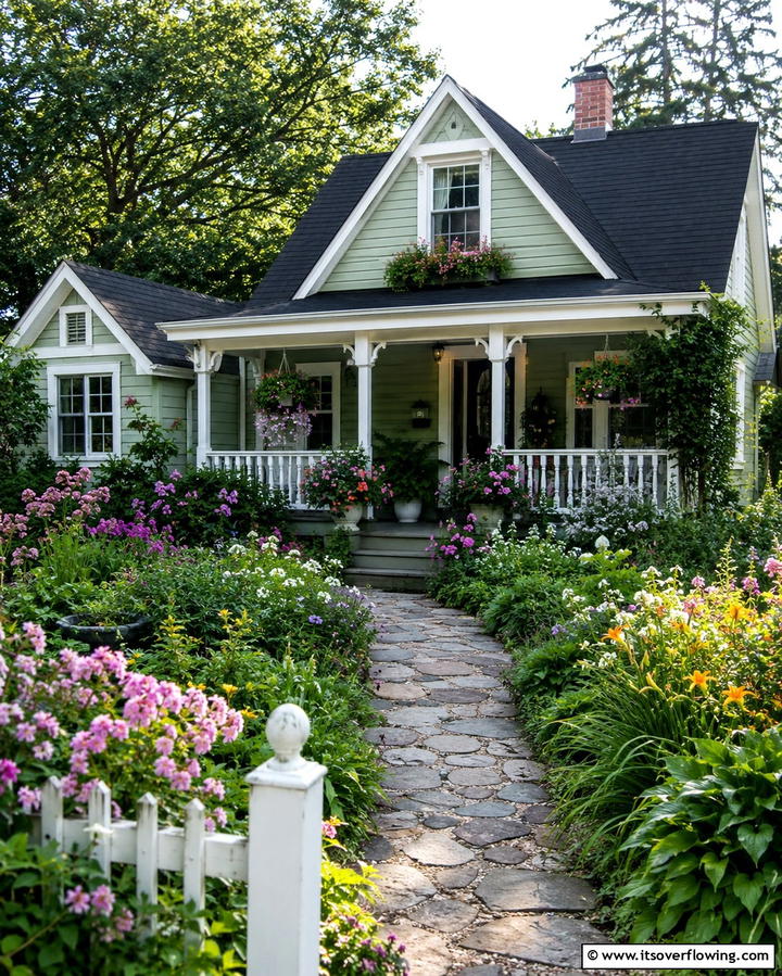Cottage Appeal with Pastel Green Siding - 30 Black Roof Exterior Home Design Ideas for Bold Contrast
