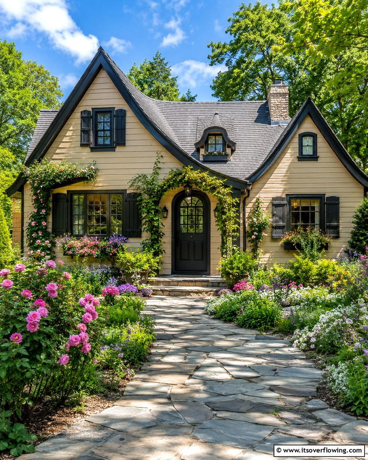Cottage Charm - 25 Tan House With Black Trim Design Ideas for Elegance