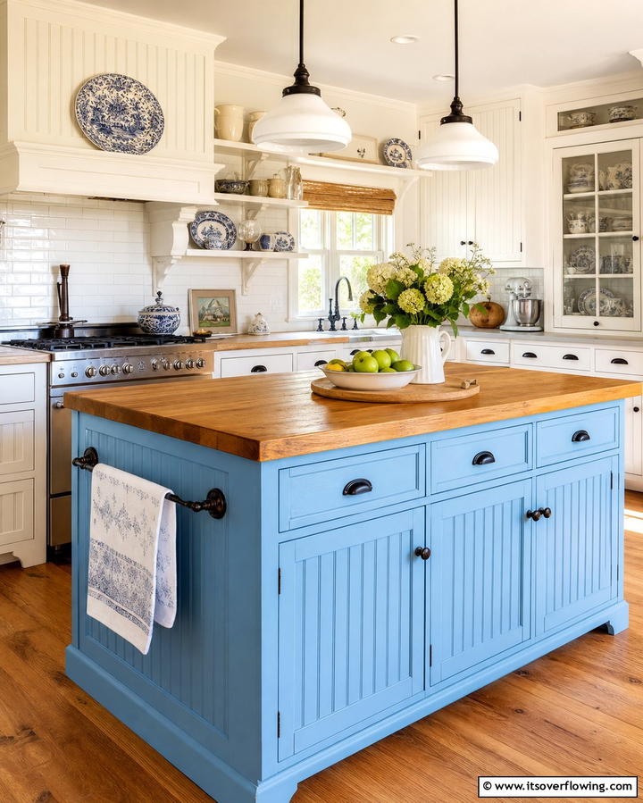 Cottage Comfort with Beadboard White Cabinets and Sky Blue Island - 25 White Kitchen Cabinets With Blue Island Ideas