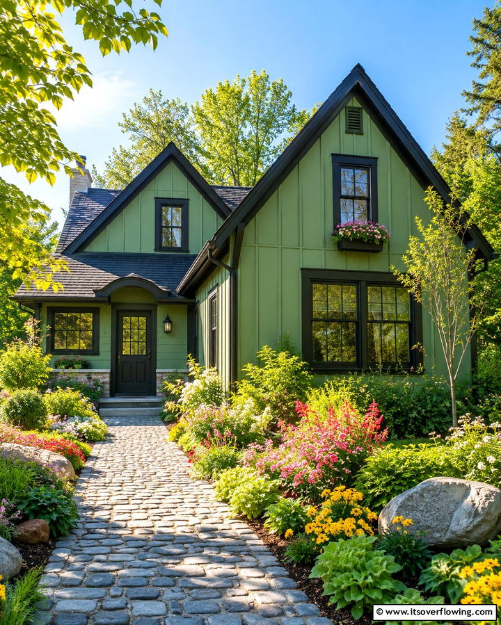Cottage Inspired Green House with Black Accents - 25 Green House Exterior With Black Trim Ideas
