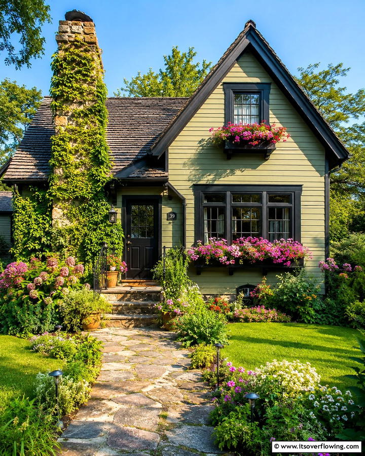 Cottage Style Appeal - 25 Sage Green House With Black Trim Ideas for Curb Appeal