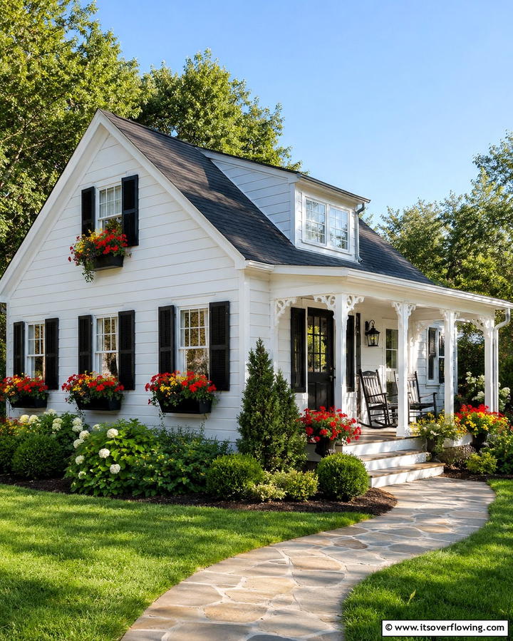 Cottage Style Warmth - 25 White Exterior Home with a Black Roof Ideas