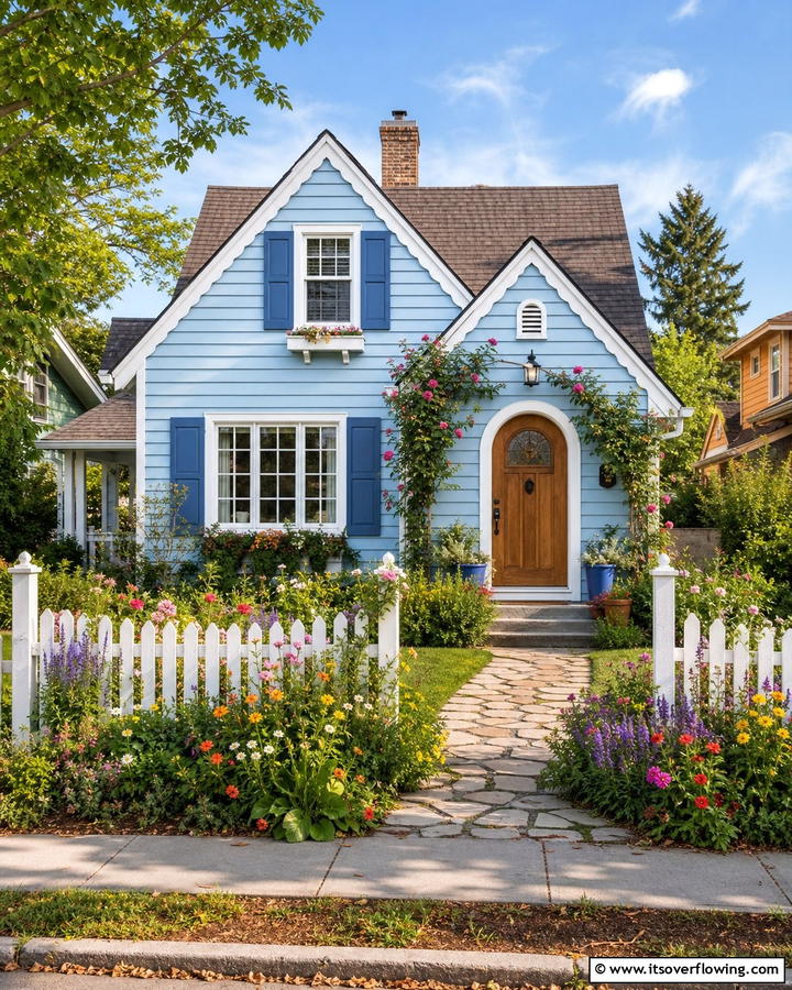 Cottage Vibes with Powder Blue - 25 Stunning Blue Exterior Home with Brown Roof Ideas