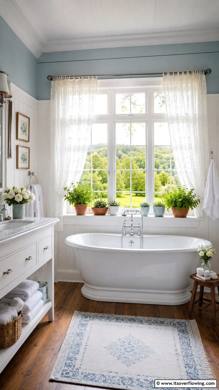 Cottage Window Views - 30 Cottage Bathroom Ideas for a Charming Relaxing Retreat