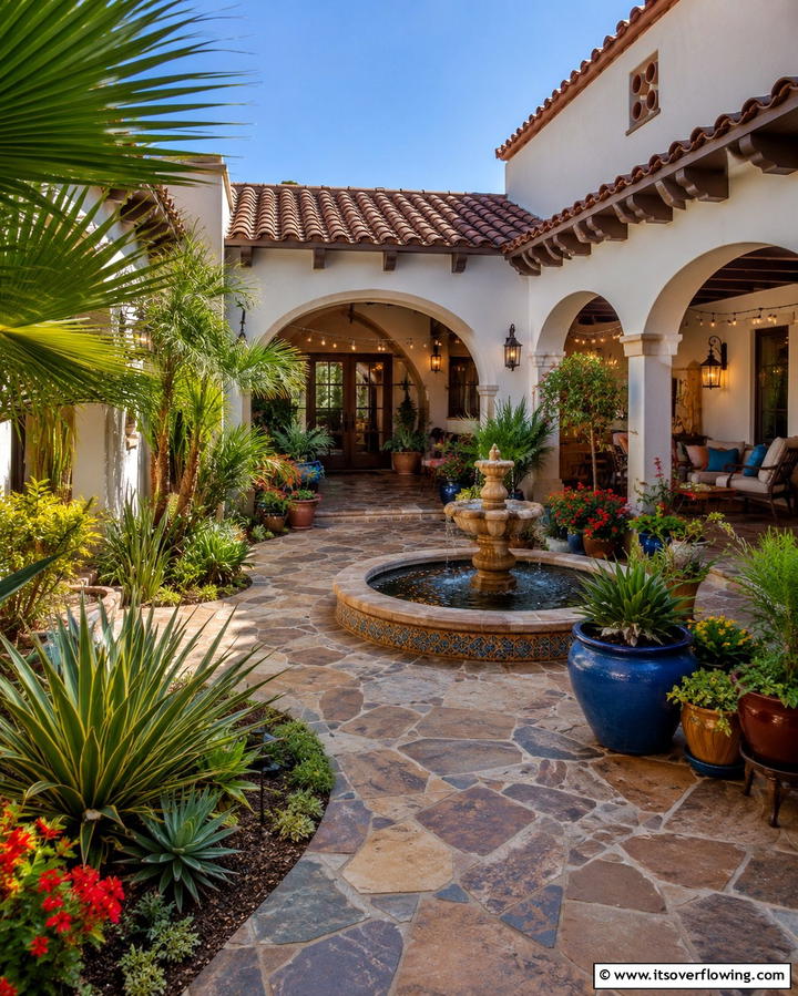 Courtyard Oasis Entrance - 30 Spanish Bungalow Exterior Ideas for Mediterranean Charm