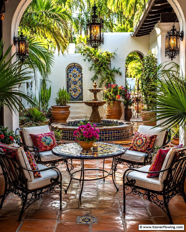 Courtyard Style Seating - 30 Spanish Style Front Porch Ideas for Mediterranean Charm