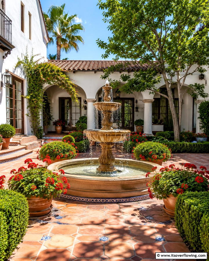 Courtyard with Fountain - 25 Spanish Style Home Exterior Ideas for Curb Appeal