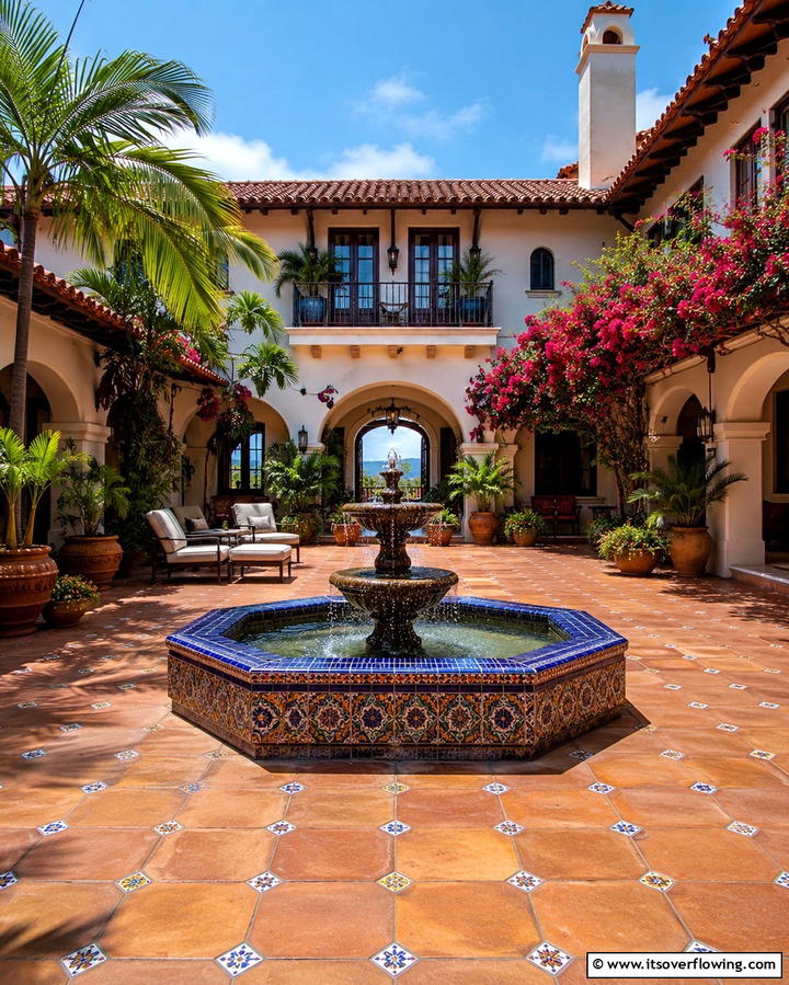 Courtyard with a Central Fountain - 25 Spanish Style Home Exterior Ideas for Curb Appeal