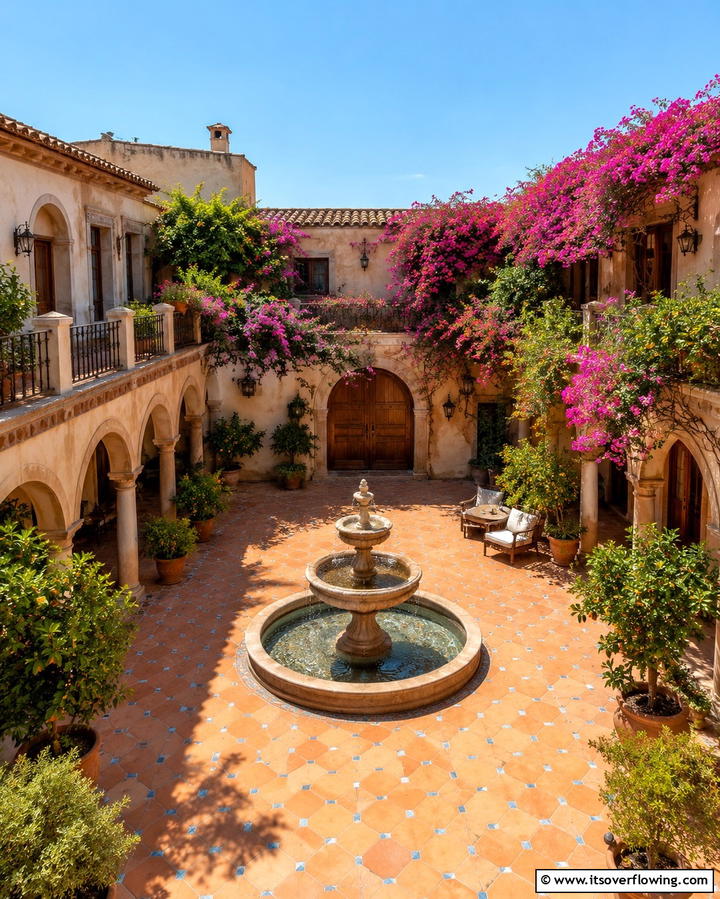 Courtyards with Central Fountains - 30 Mediterranean House Exterior Ideas for Coastal Charm