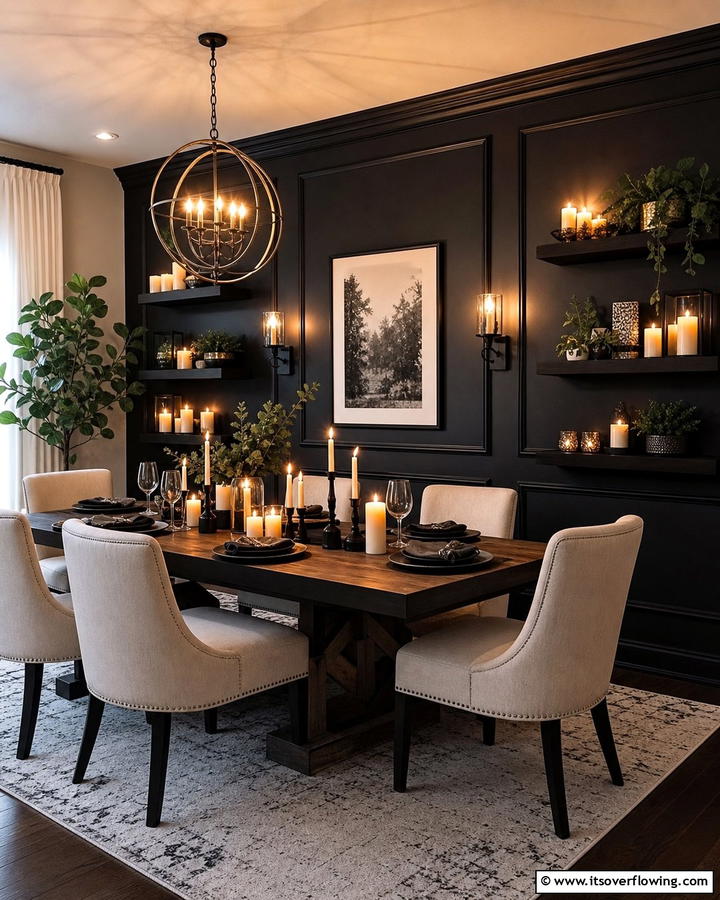 Cozy Ambiance with Candles - 20 Black Accent Wall Dining Room Ideas for a Bold Look