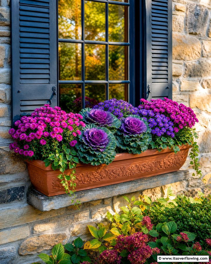 Cozy Appeal with Ornamental Kale and Chrysanthemums - 20 Fall Flower Box Ideas for Seasonal Beauty
