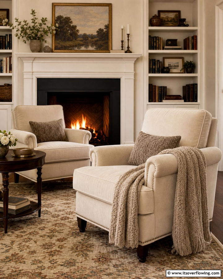 Cozy Armchairs with Plush Upholstery - 25 Chairs in Front of Fireplace Ideas for Cozy Vibes