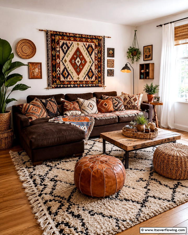 Cozy Atmosphere with Soft Textiles - 30 Warm Dark Brown Couch Styling Ideas for Cozy Living Rooms