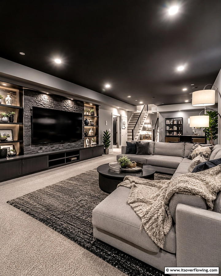 Cozy Basement Lounge - 25 Black Ceiling With Grey Walls for a Dramatic Look