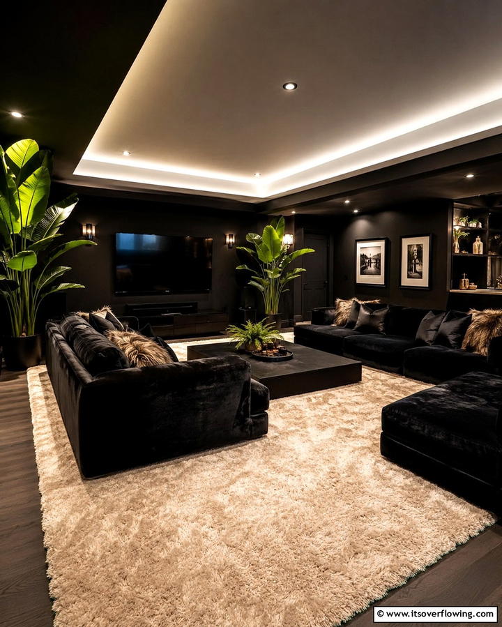 Cozy Black Lounge - 30 Black Basement Design Ideas for a Modern & Cozy Space
