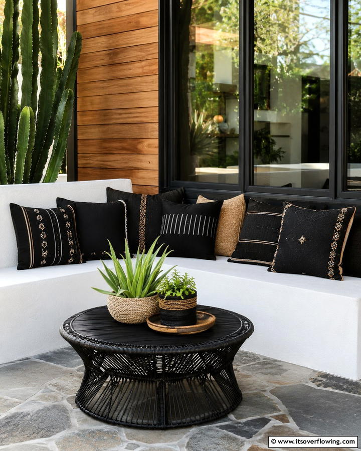 Cozy Black Outdoor Pillows - 30 Inviting Black Porch Ideas for a Modern Outdoor Oasis
