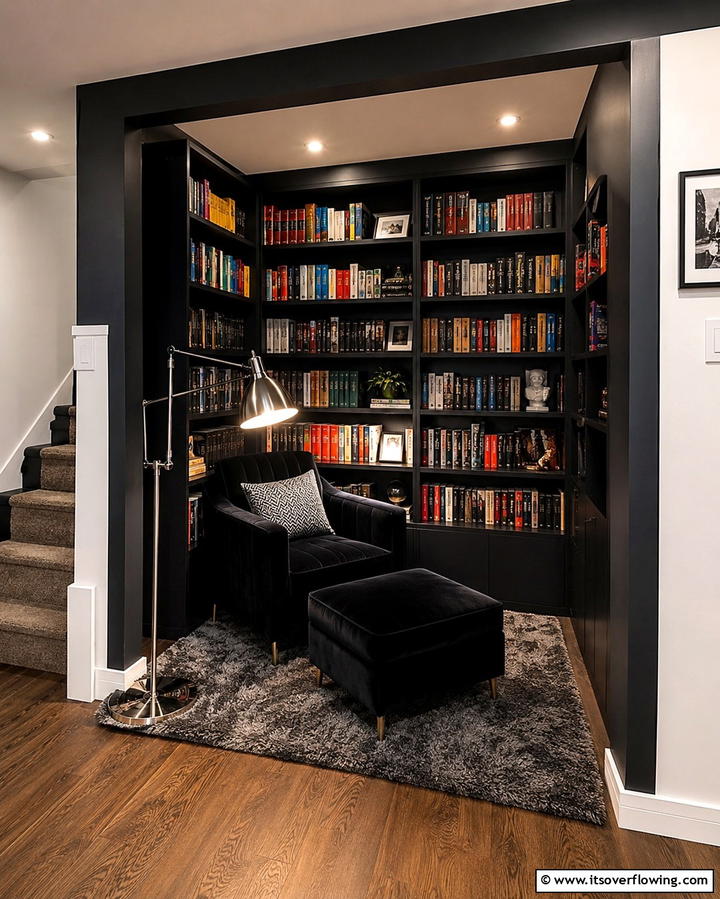 Cozy Black Reading Nook - 30 Black Basement Design Ideas for a Modern & Cozy Space