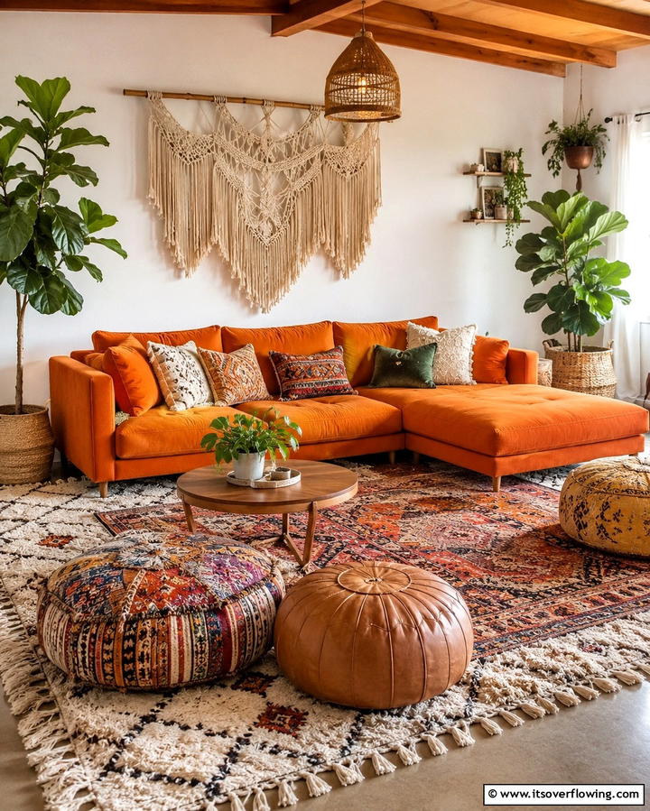 Cozy Bohemian with Orange Accents - 25 Orange Couch Living Room Ideas for a Vibrant Space