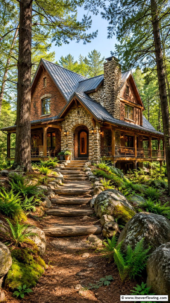 Cozy Brick Cabin with Warm Stone Touches - 30 Brick Houses With Stone Accents- Exterior Design Inspiration