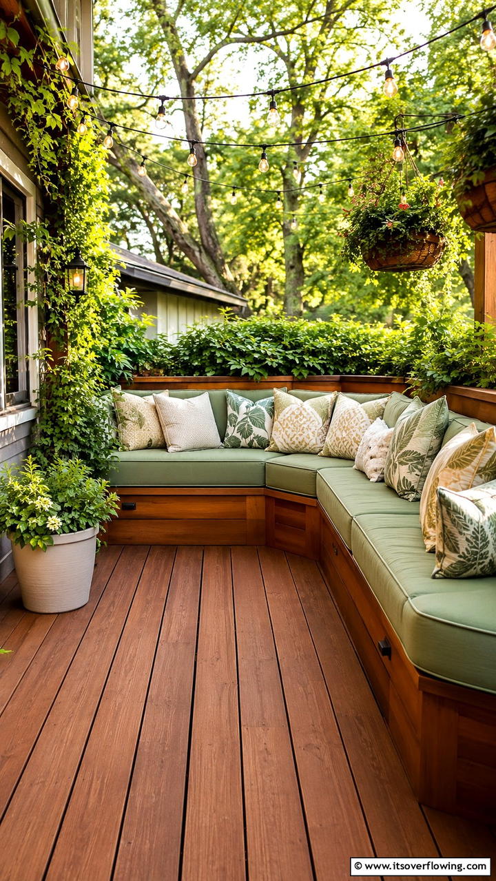 Cozy Built In Bench with Cushioning - 30 Built-In Deck Bench Ideas- Functional Outdoor Seating