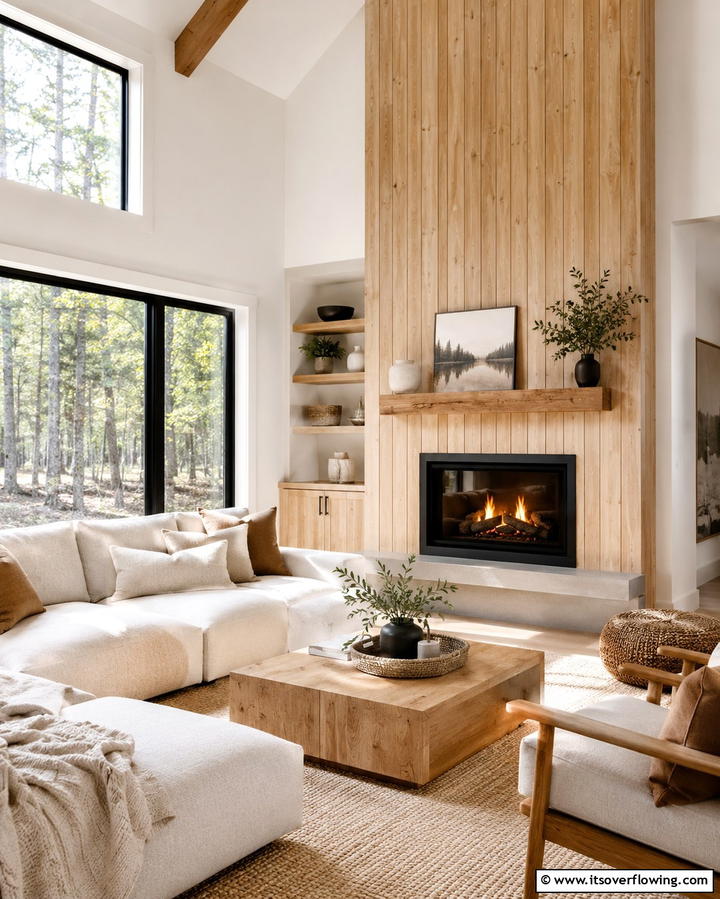 Cozy Cabin Inspired Wood Paneling - 25 Floor to Ceiling Fireplace Ideas- Stunning & Modern