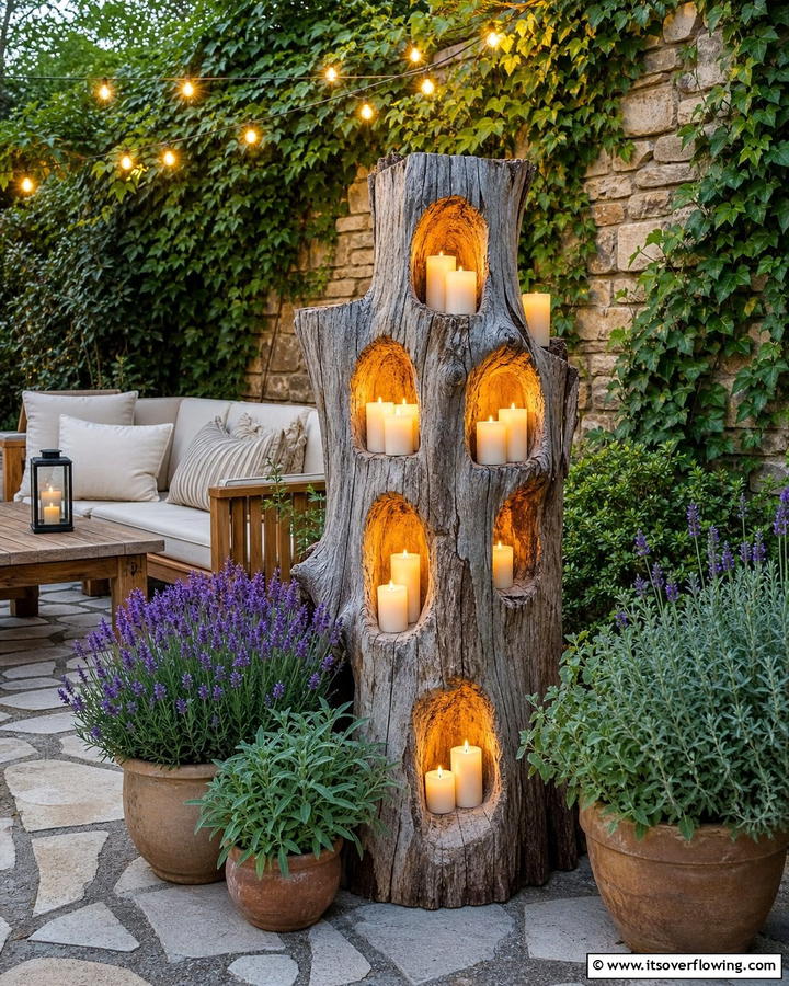 Cozy Candle Holder - 21 Creative Tree Stump Decorating Ideas for Rustic Accents