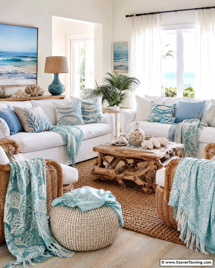 Cozy Coastal Throws - 25 Beach House Living Room Ideas for a Coastal Vibe