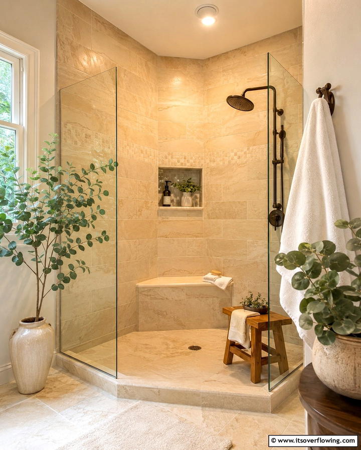 Cozy Corner Shower Oasis - 30 Space-Efficient Corner Shower Ideas for Modern Bathrooms
