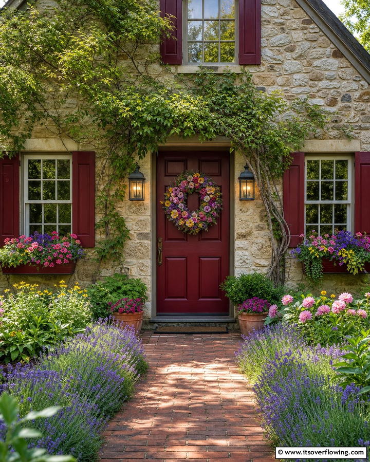 Cozy Cottage Look with Dark Red and Floral Wreaths - 25 Dark Red Front Door Ideas for a Bold Entrance
