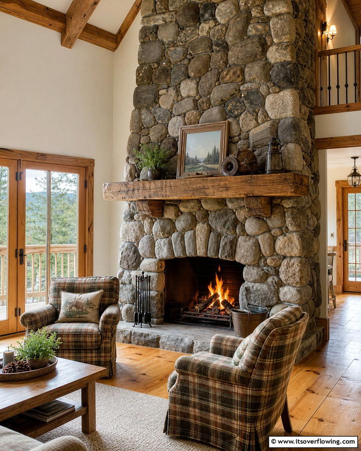 Cozy Cottage Look with Fieldstone - 25 Floor to Ceiling Stone Fireplace Ideas for Drama