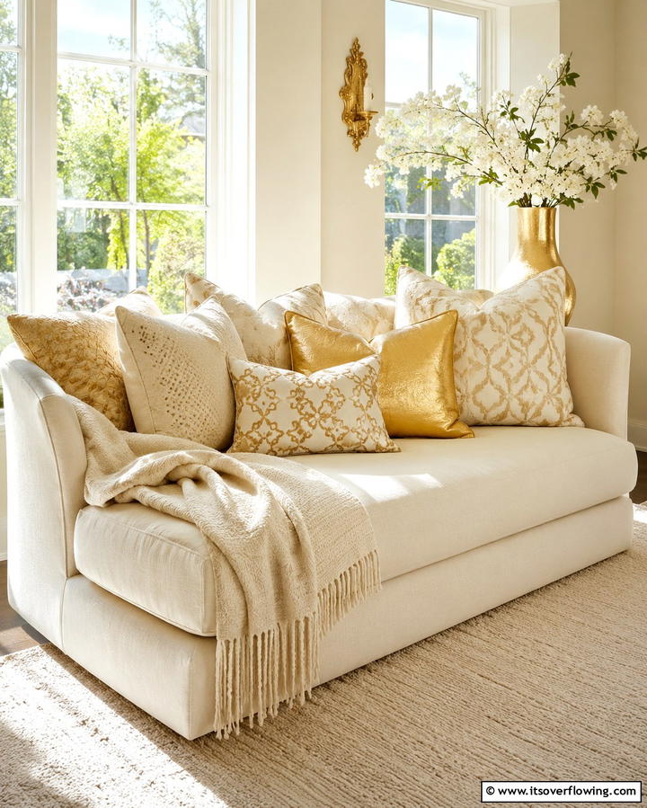 Cozy Cream and Gold Throw Pillows - 30 Elegant Cream & Gold Living Room Themes for Luxe Interiors