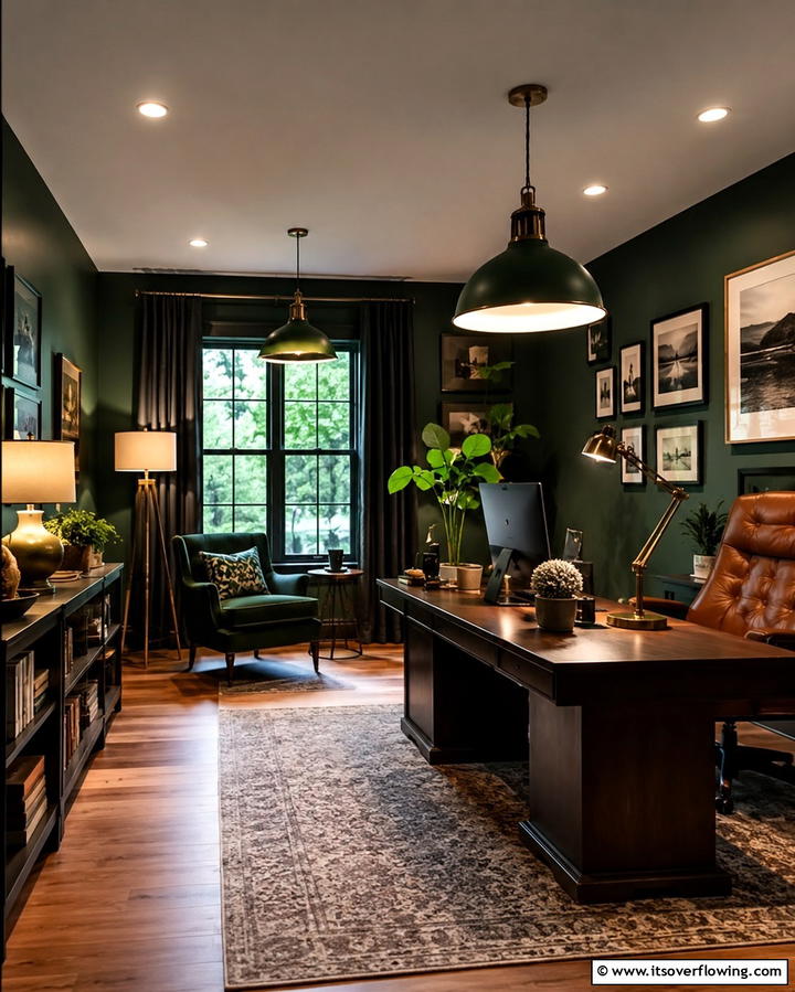 Cozy Dark Green Lighting - 30 Rich Dark Green Home Office Designs for a Focused Workspace